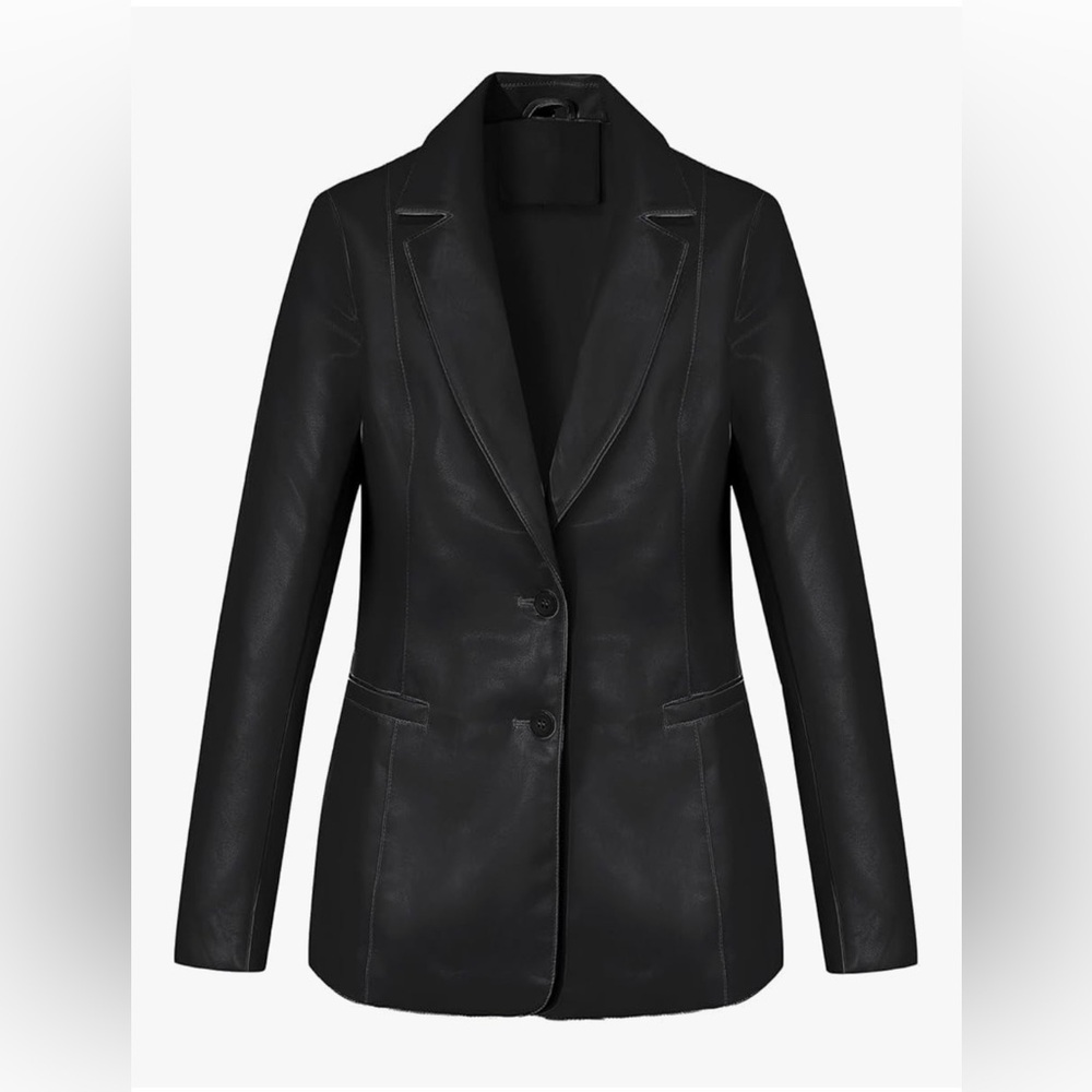 Faux Leather PU Blazer Open Front Business Casual Jacket Mid-Length